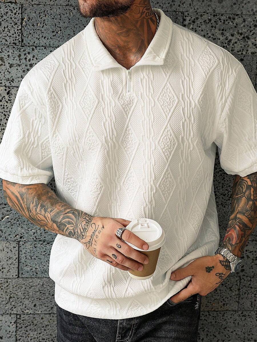 Manfinity Homme 男士纯色半拉链休闲 Polo 衫 - 白色 - 查看 1
