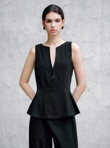 Chiquease Women's Simple Elegant Solid Color Notch Collar Ruffle Hem Sleeveless Blouse Clothes For University