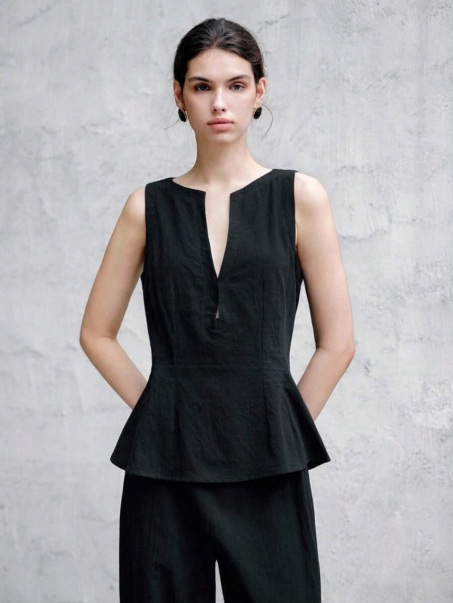 Chiquease Women's Simple Elegant Solid Color Notch Collar Ruffle Hem Sleeveless Blouse Clothes For University