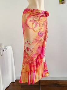 Soleia New 3D Floral Design Knit Ruffle Hem Long Skirt Wrap Skirt - Multicolor - View 7