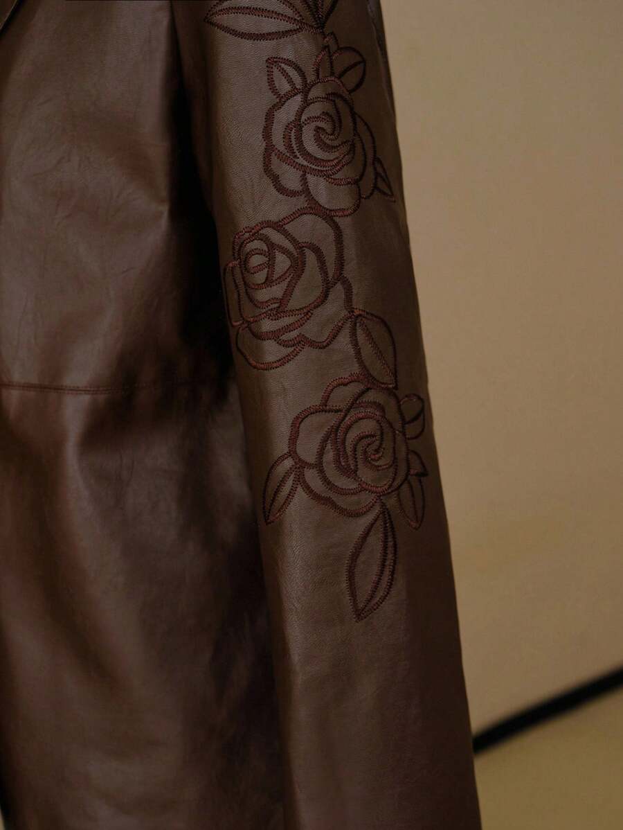 MOTF PREMIUM PU 皮革花卉刺绣西装外套 - 棕色 - 查看 2