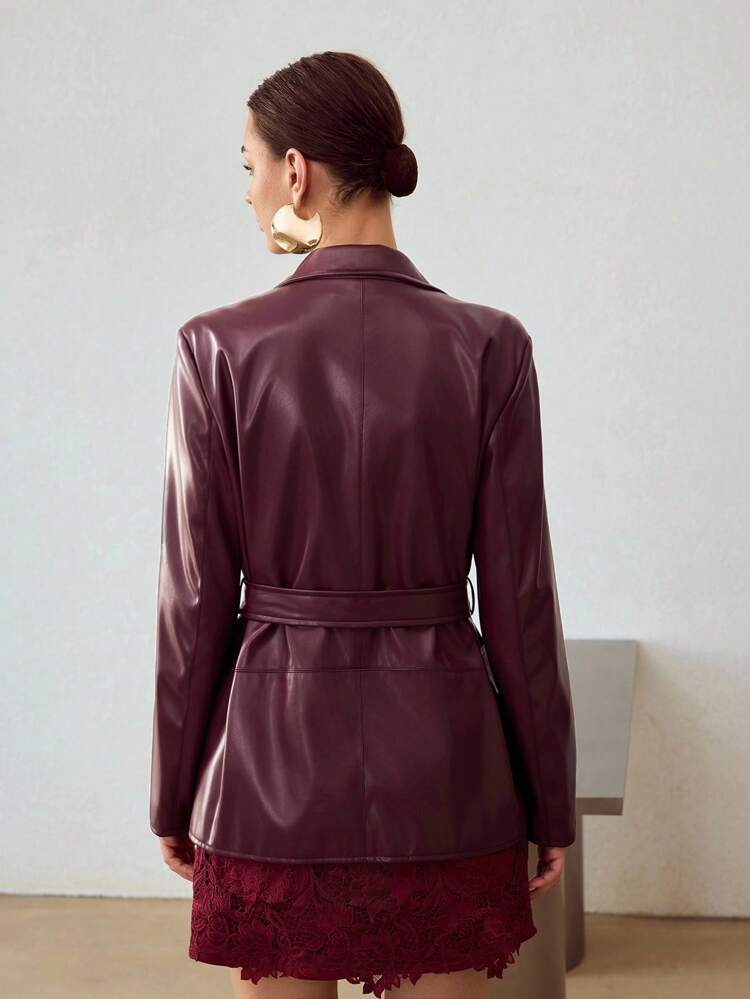 Blazer en PU avec col châle, poche appliquée et ceinture