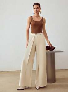 MOTF PREMIUM Pantalón de traje de pierna ancha con pinzas - Caqui - Ver 1