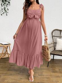 SHEIN Maternity Solid Color Front Knot Ruffle Hem Slip Dress For Vacation - Dusty Pink - View 3