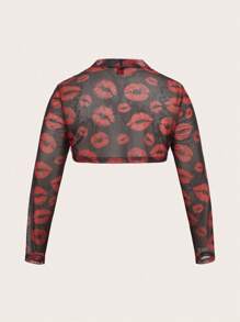 SHEIN MOOSTA Große Größen Damen Stehkragen Langarm Sexy Roter Lippen Muster Crop Top