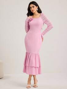 Modelyn Thời trang nữ Váy dài đến bắp chân họa tiết hoa 3D, Váy ghép vải bất đối xứng, Trang phục thường ngày mùa hè cho nữ, Váy dạ hội sang trọng cho nữ dự tiệc sinh nhật cho nữ vào mùa thu - Hồng - Xem 3