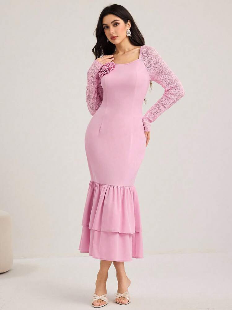 Modelyn 女士时尚 3D 花卉装饰中长连衣裙、不对称面料拼接连衣裙、女士夏季休闲装、秋季女士学院风生日装、女士奢华晚礼服 - 粉色 - 查看 3