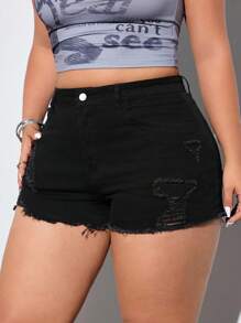 SHEIN ICON Pantaloni scurți skinny din denim rupt și casual pentru femei, mărime plus - Negru - Vizualizare 3