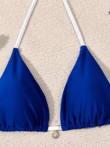 Swim Vcay 2pcs/Set Women Beach Blue & White Halter Tie-Up Sexy Bikini Swimsuit, Shell Decor, Suitable For Beach, Pool, Leisure Party & Holiday, Spring/Summer