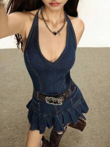 Rina Fox 女式露背修身褶皱复古美式牛仔连衣裙 - 深色水洗藍 - 查看 6