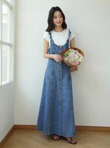 K-Vae Váy denim đơn giản có dây đeo chéo cho nữ, trang phục mùa thu phong cách Hàn Quốc cho nữ, trở lại trường, trang phục giáo viên cho nữ - Rửa trung bình - Xem 6