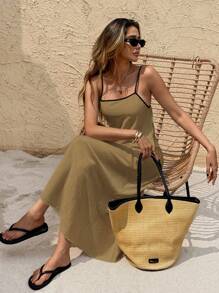 Serisse Women's Long Vacation Casual Cami Dress Summer Brown - Khaki - View 6