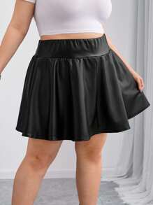 SHEIN CURVE+ Curves 大码/学校服装/返校服装/返校大码女式 PU 皮革黑色迷你短裙短裤，内置短裤和口袋，女式黑色短裙，大码短裙，仿皮短裙，短裤运动短裙，女士假日服装，女士秋季服装，冬季，CURVE PLUS - 黑色 - 查看 4