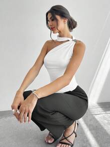 Firerie 女士优雅白色不对称金属白色褶皱金属装饰上衣、毕业典礼、女士教师上衣、返校/工作/办公室/商务休闲/机场/外出/旅行机场/可爱上衣/露背吊带上衣/外出上衣/秋季/斯德哥尔摩风格/办公室装/老钱风格女士/乡村音乐会