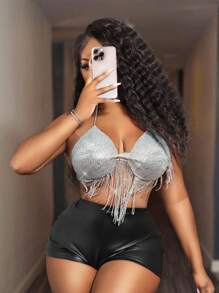 BamGleam Top de soirée sexy à encolure ras-du-cou avec strass et franges pour femmes - Argent - Voir 5