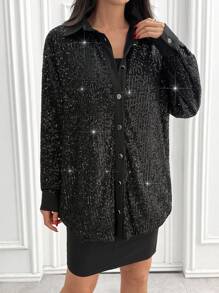 SHEIN Cottnline Women Solid Color Sequin Detailed Long Sleeve Blouses - Black - View 3