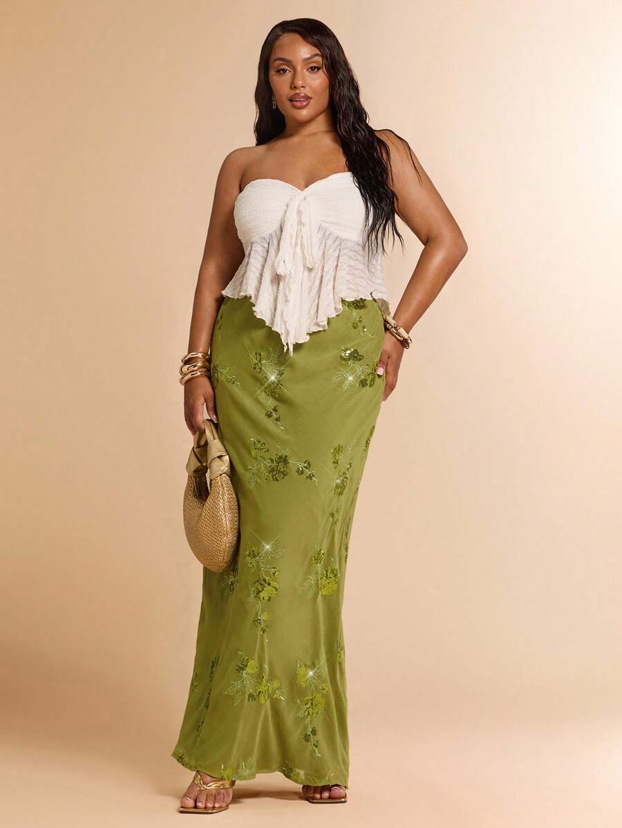 SHEIN BAE 大码夏季草绿色花卉图案亮片精致优雅长裙，鸡尾酒裙/正式秋季婚礼宾客裙