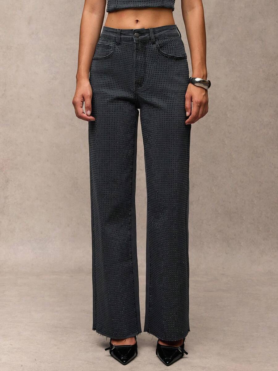 SHEIN BAE Ladies' Straight Leg Wide Casual Jeans With Pockets, Versatile - Black - View 1