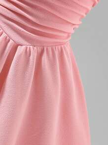 青少年女孩无袖修身中长连衣裙，百搭伴娘/婚纱，粉色纹理面料，夏季/秋季 - 粉色 - 查看 5