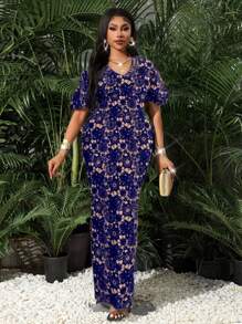 SHEIN Lady 大码女式纯色圆领灯笼袖长款优雅连衣裙优雅优雅针织圆领飘逸长袖大码连衣裙化妆舞会礼服蓝色连衣裙正式礼服情人节新年派对礼服