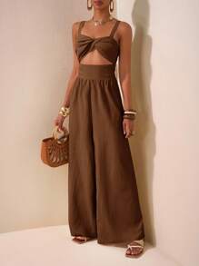 Slaydiva Quần dài ống rộng nữ chất liệu vải dệt họa tiết, kiểu dáng mới cho mùa xuân hè, thích hợp cho kỳ nghỉ, đám cưới, lễ hội âm nhạc, tiệc tùng, dạo phố, nghỉ mát biển, phong cách Bohemian. - Màu nâu Sô-cô-la - Xem 8