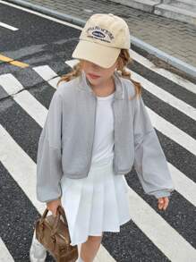 Tween Girl Solid Color Drop Shoulder Long Sleeve Zip Placket Casual Sweatshirt Fall Winter - Grey - View 5