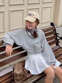 Tween Girl Solid Color Drop Shoulder Long Sleeve Zip Placket Casual Sweatshirt Fall Winter - Grey - View 9