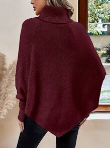 SHEIN LUNE 女士休闲高领蝙蝠袖纽扣设计宽松针织毛衣秋冬 - 酒紅色 - 查看 2