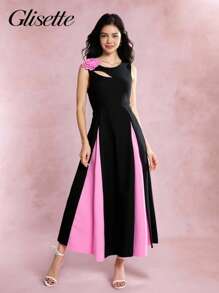 Vestido elegante de vuelo con decoración floral 3D, bajo con volantes y sin mangas. Para adolescentes y mujeres de talla pequeña, vestido de cóctel para fiestas de verano - Negro - Ver 1