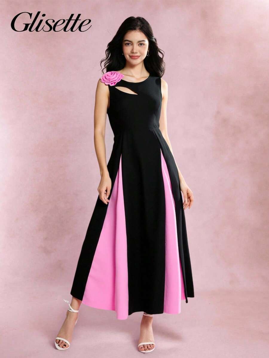 Vestido elegante de vuelo con decoración floral 3D, bajo con volantes y sin mangas. Para adolescentes y mujeres de talla pequeña, vestido de cóctel para fiestas de verano - Negro - Ver 1