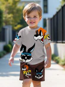 SHEIN 2pcs Young Boy Casual Cartoon Rabbit Graphic Round Neck Short Sleeve Shorts Set, Suitable For Summer - Multicolor - View 2