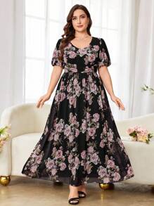 Modelyn Vestido midi de línea A con mangas abullonadas y estampado floral de gasa, talla grande, ajuste regular, primavera/verano - Multicolor - Ver 6