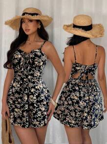 Breezaya 女式度假风格蝴蝶结腰带碎花修身连体裤 - 黑色 - 查看 1