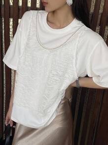 DAZY 宽松蕾丝拼布亮片无袖夏季女士T恤，休闲简约 - 白色 - 查看 3