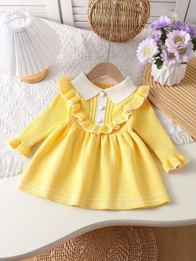 SHEIN Vestido de punto de manga larga con volantes y combinación de colores para bebé niña
