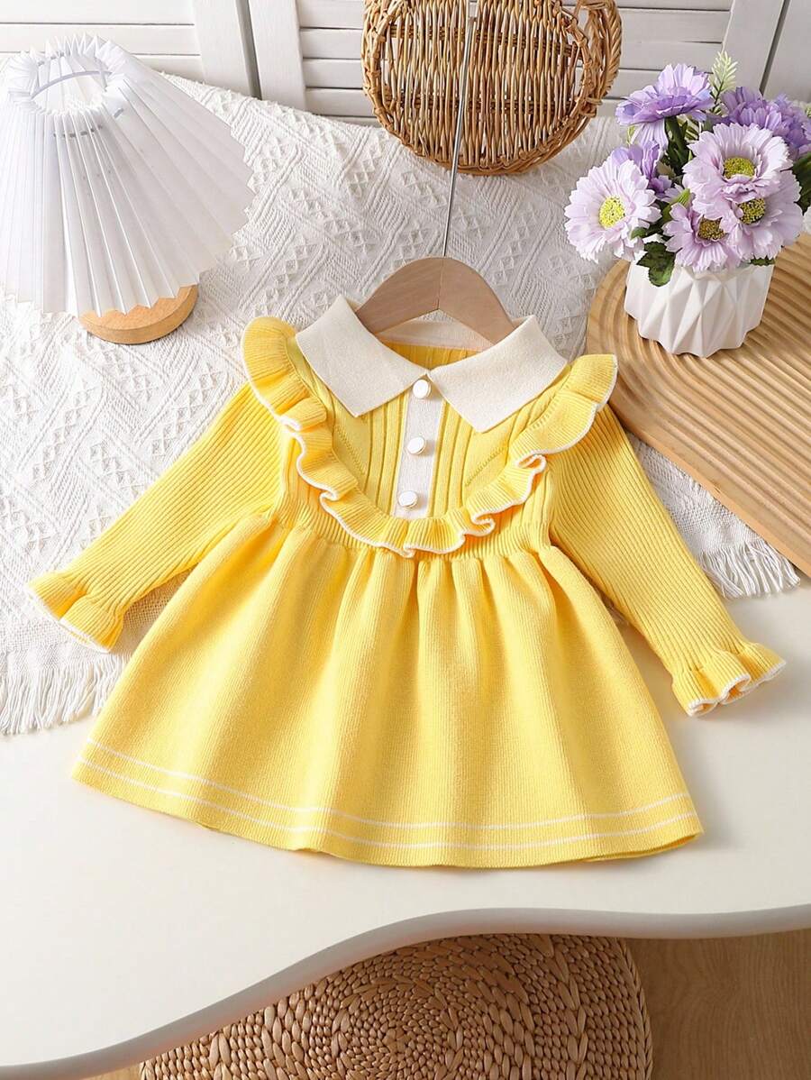 SHEIN Elladie kids Baby Girl Long Sleeve Peter Pan Collar Sweater Dress,Pastel Yellow,Autumn,Cute,Family Matching Contrast Color Ruffle Trim Knit Clothes Spring Winter - Yellow - View 1