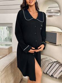 Moonlight&Mama 孕妇撞色滚边口袋字母刺绣领长袖连衣裙家居服，秋冬季舒适穿搭 - 黑色 - 查看 4