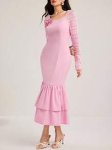 Modelyn Thời trang nữ Váy dài đến bắp chân họa tiết hoa 3D, Váy ghép vải bất đối xứng, Trang phục thường ngày mùa hè cho nữ, Váy dạ hội sang trọng cho nữ dự tiệc sinh nhật cho nữ vào mùa thu - Hồng - Xem 8