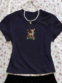 Rina Fox 女士休闲鹿印花圆领短袖T恤，夏季