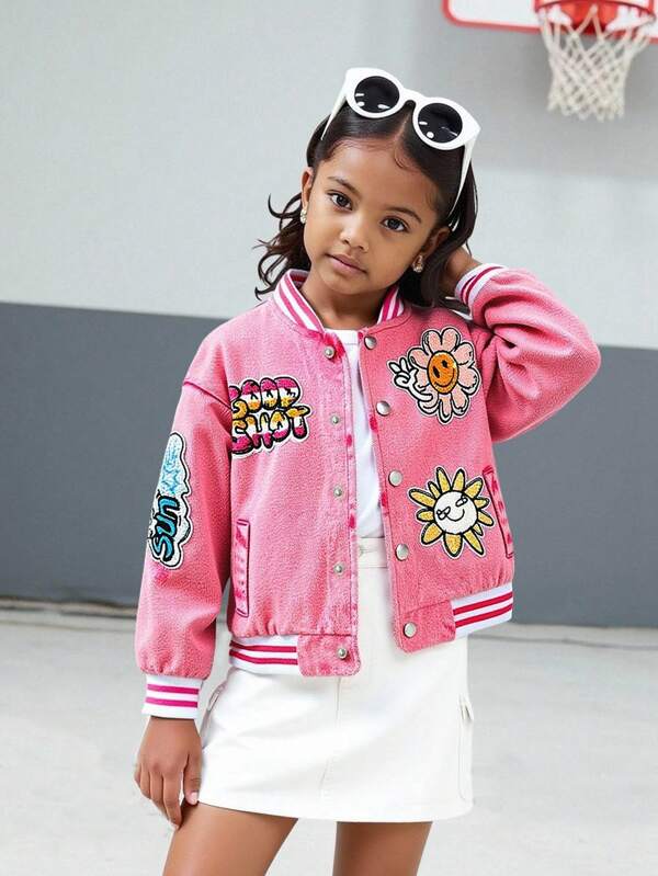 Kleine Mädchen Varsity Jacke in Pink mit Langarm, Retro Amerikanischer Straßen Stil Design! Rosa Farbblock gestreifter Kragen mit Teddybär Stickerei, geeignet für Ausflüge, Dates, Camppus, Alltag, Reisen, Treffen mit Freunden und Partys - kreiere einen coolen Mädchen Look!