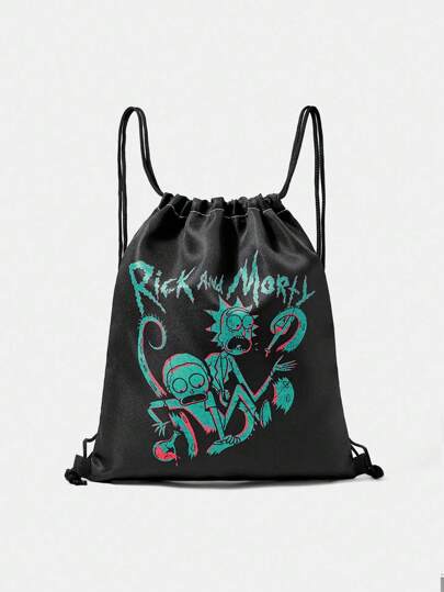 Rick and Morty X SHEIN Cartoon Figure Graphic Drawstring Backpack,Suitable For Sports, Fitness, Travel, Swimming, Beach, Gym Training Bag, Unisex