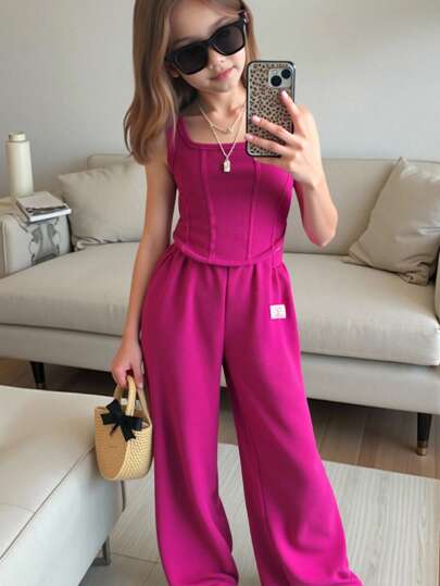 SHEIN 少女时尚甜心针织上衣，字母拼接针织裤