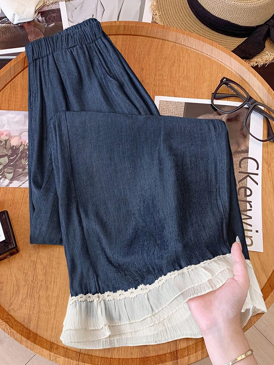 EMERY ROSE Plus Size Women Elastic Waist Patchwork Ruffle Hem Wide Leg Loose Pants Fall Cloth For Women - Royal Blue - View 1