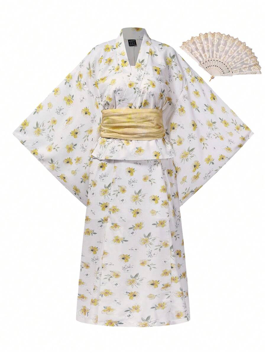 Irokai Floral Print Batwing Sleeve Loose Kimono Jacket And Spaghetti Strap Dress Set(Without Obi & Fan) Yukata - Yellow - View 1