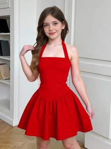 Firerie Kids Firerie Kids Tween Girls Casual Elegant Red Knit Spaghetti Strap Snug Fit Fit-And-Flare Mini Dress, Suitable For Valentine's Day, Halloween, Party, Everyday, Back To School Outfit Red Dress For Tween Girls Halter Neck Red Dress Red Skater Dress Sleeveless Red Dress Party Dress For Tween Girls