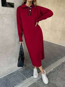 EURMUSE Abito in maglia con collo alla polo da donna - Rosso - Visualizzare 5