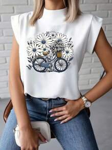 INAWLY Summer Casual Flower Bicycle Print Stand Collar T-Shirt - White - View 1
