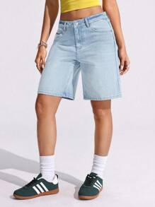 SHEIN ICON 女士纯色口袋设计休闲夏季牛仔短裤 - 淺色水洗藍 - 查看 5