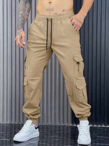 Manfinity Homme Men's Khaki Multi-Pocket Cargo Pants, Casual Tapered Leg Trousers, Fall - Khaki - View 3