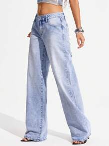 Jeanoix Women's Low Waist Rhinestone Flower Graphic Pockets Straight Leg Jeans Y2k - Light Wash - View 4